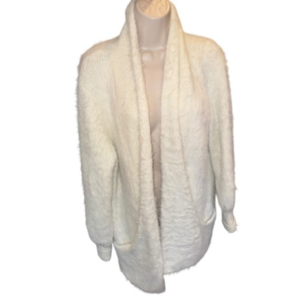 Knitted & Knotted White Fuzzy Knit Cozy Open Front Cardigan Sweater
